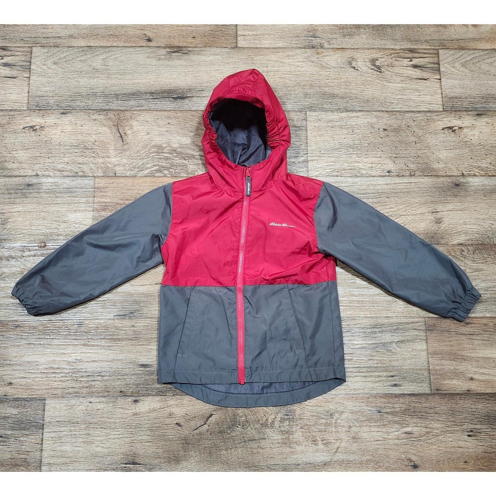 Eddie Bauer Kids XS 5/6 Red Grey Hooded Windbreaker Jacket Full Zip Colorblock